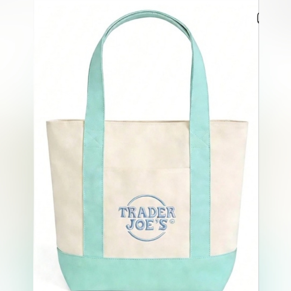 Trader Joe's RARE Mini Pastel Canvas Tote Bag, Green With Blue Logo
